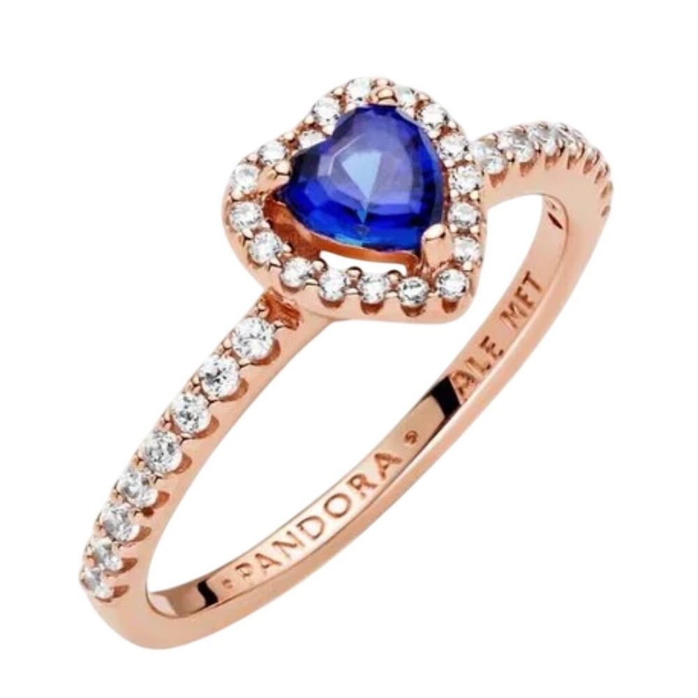 Pandora Sparkling Blue‎ Elevated Heart Ring 14k Rose Gold Plated Size 8